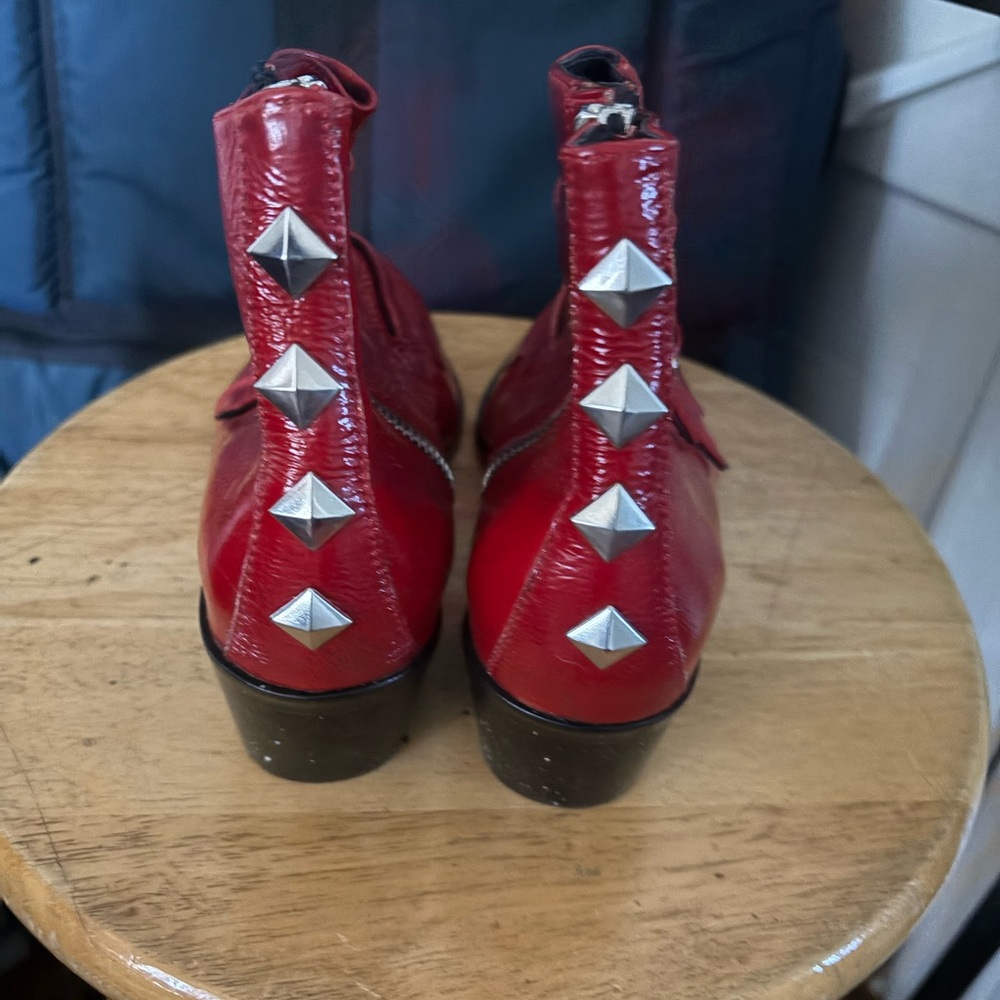 Modern Vice Red Ankle Boots with Triple Buckle and Studs - Picture 2 of 5